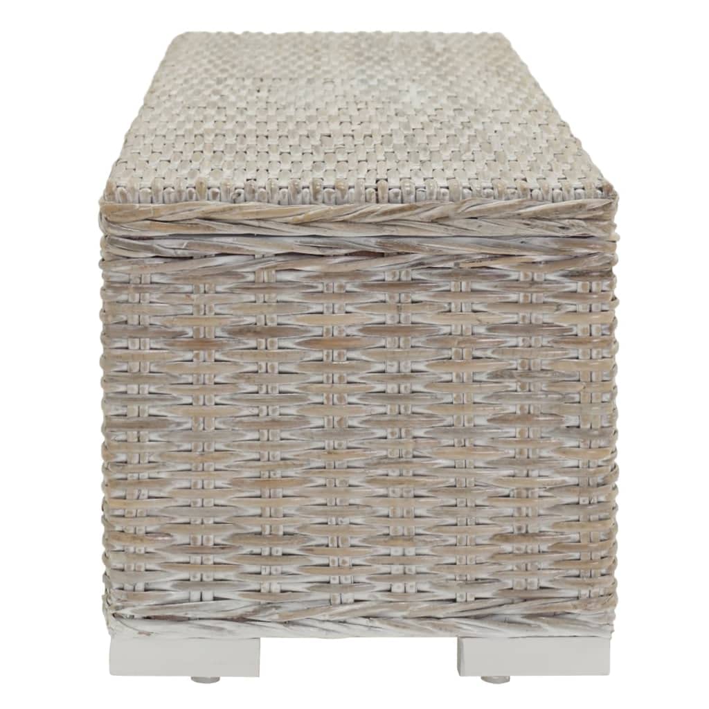 Baúl blanco de 110 cm de mimbre natural Kubu con marco de madera maciza de caoba, banco acolchado con espacio de almacenamiento, tapa abatible para pasillo, dormitorio y entrada