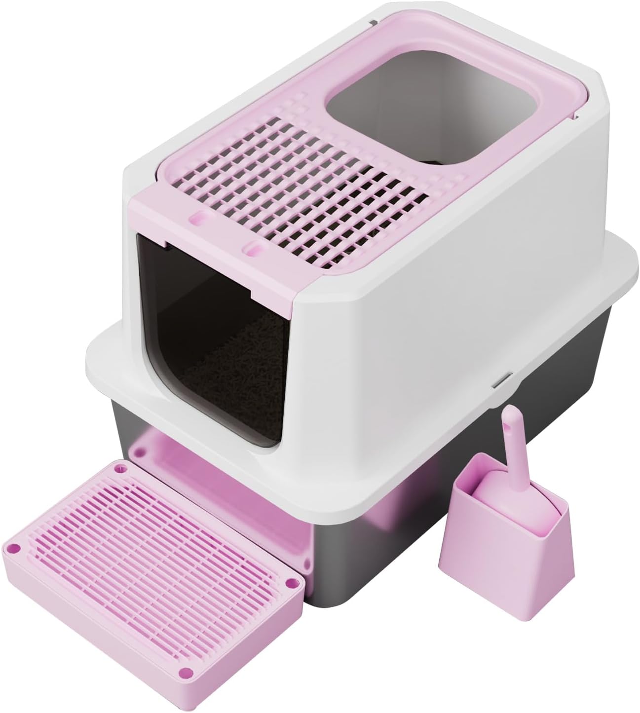 RIZZARI Stainless Steel Cat Litter Box, Odorless Enclosed Litter Box with Top Holes, Large Litter Pan for Small to Large Sized Cats (Pink, 23.8" L*15.9" W*16.1" H)