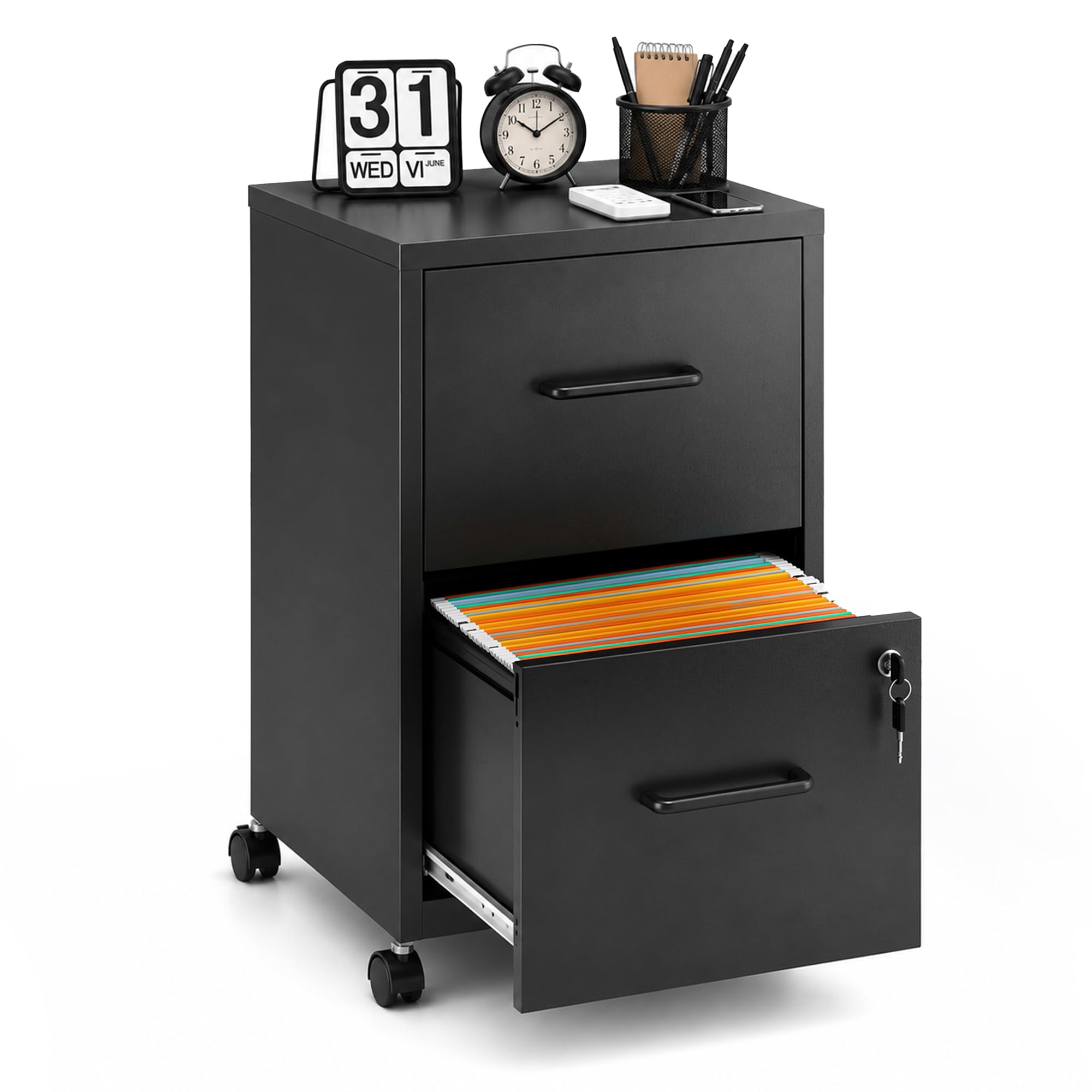 SAWJEC 2 Drawer File Cabinet with Lock, Black Metal Filing Cabinet for Home Office, Assembly Required, Vertical Locking File Cabinet with Letter Size Hanging Files, 17.7" D x 15.0" W x 26.8" H