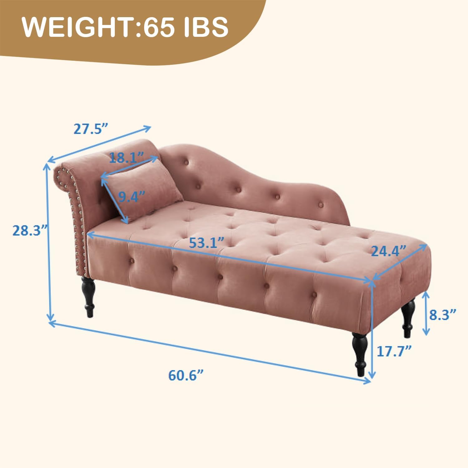 60.6" Velvet Chaise Lounge, Buttons Tufted Nailhead Trimmed, Upholstered Chaise Lounge with Left Armrest & Lumbar Pillow, Modern Velvet Lounge Chair for Bedroom, Living Room and Office (Rose)