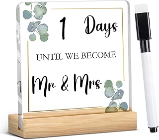 Wedding Countdown Items,Countdown to Wedding Just Engaged Gifts for Couple Wipeable Acrylic Sign for Women, Bride and Groom, Newly Future Mrs with Wood Stand 4 X 4 Inch
