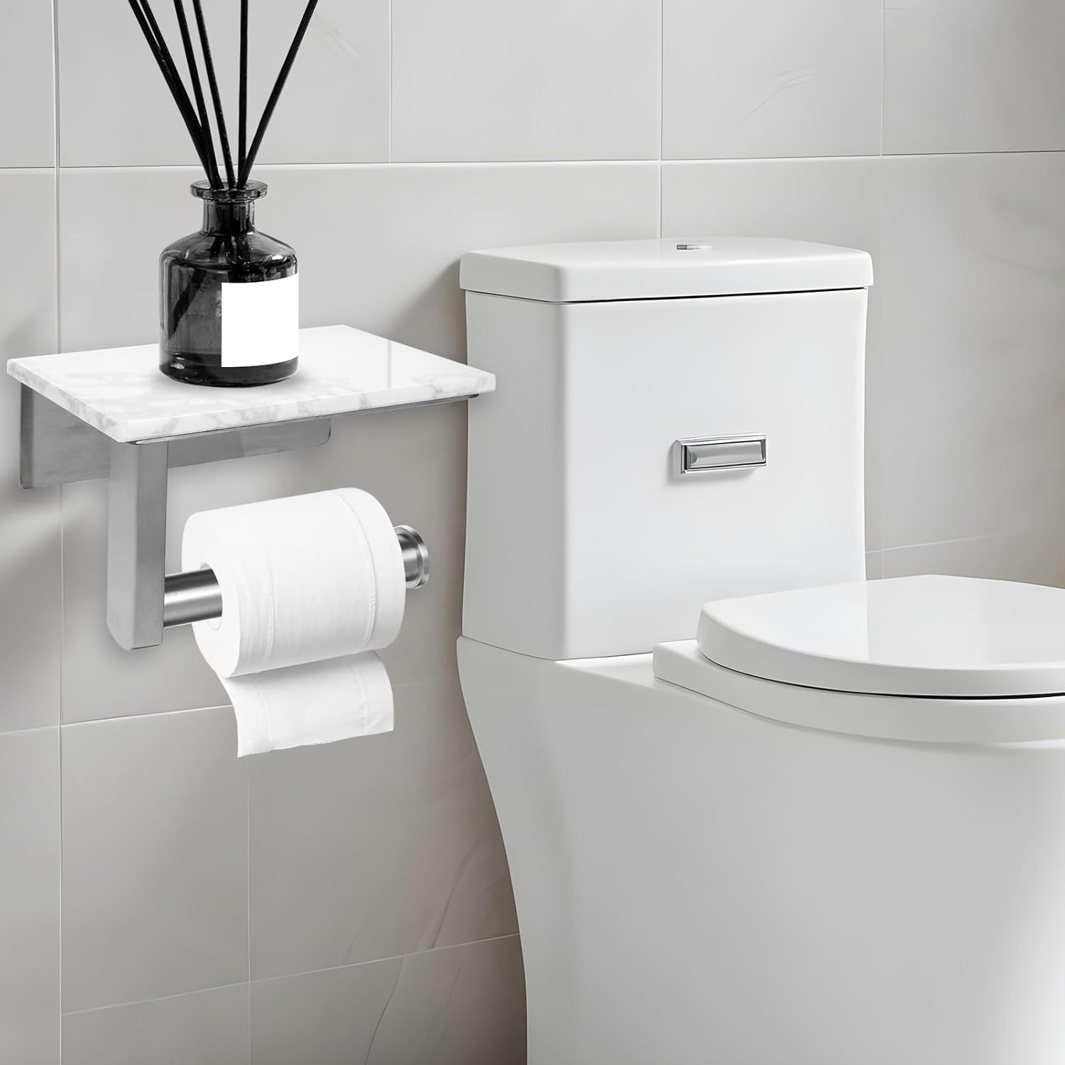 Toilet Paper Holder with Marble Shelf, SUS304 Stainless Steel Wall Mounted Toilet Paper Holder, Marble Top Toilet Paper Holder Brushed