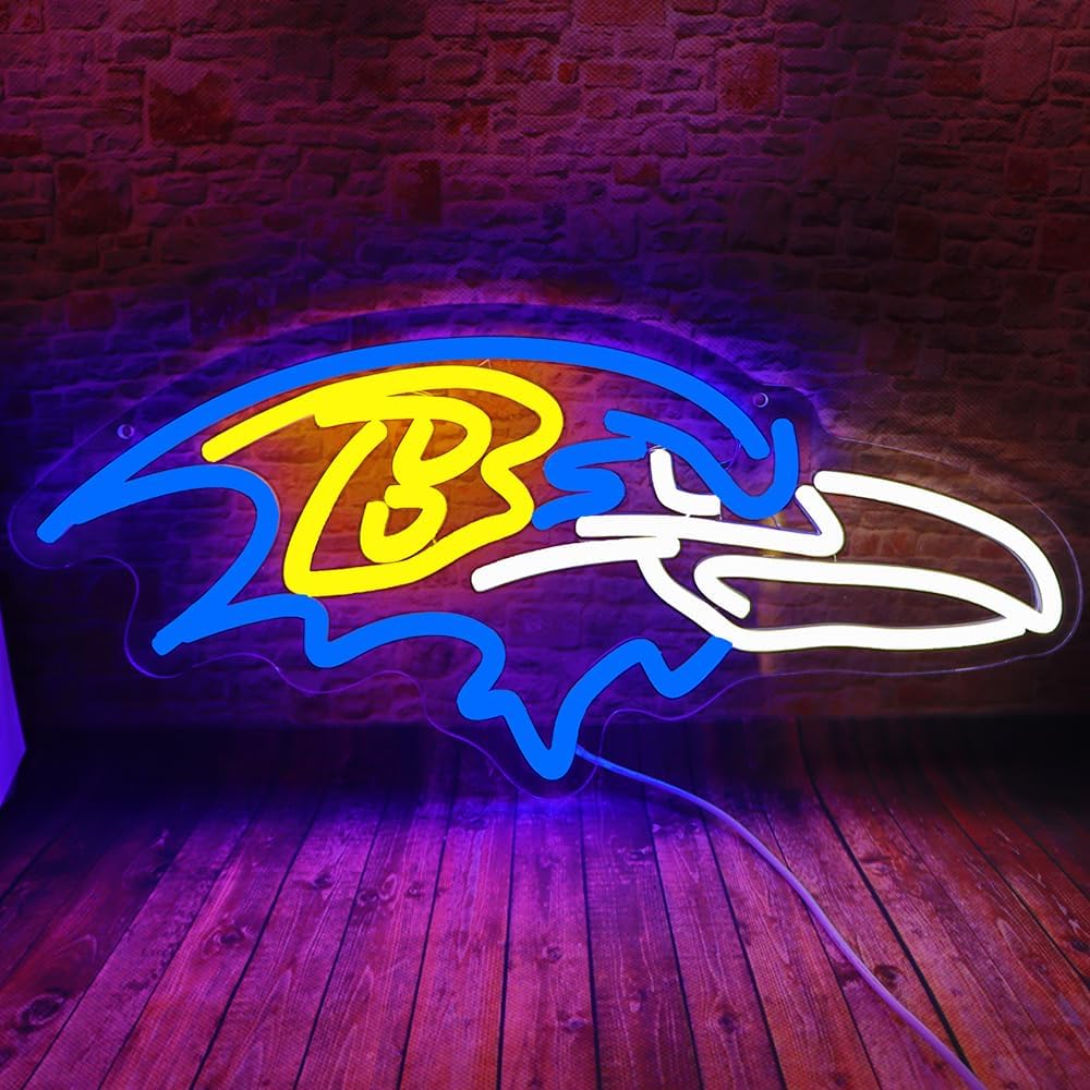 Football Rugby Sports Team Neon Sign Suitable for Ravens Logo Neon Sign for Wall Decor USB Powered Dimmable Led Light Up Signs for Men Cave Home Bar Birthday Party Decor Xmas Gifts for Kids