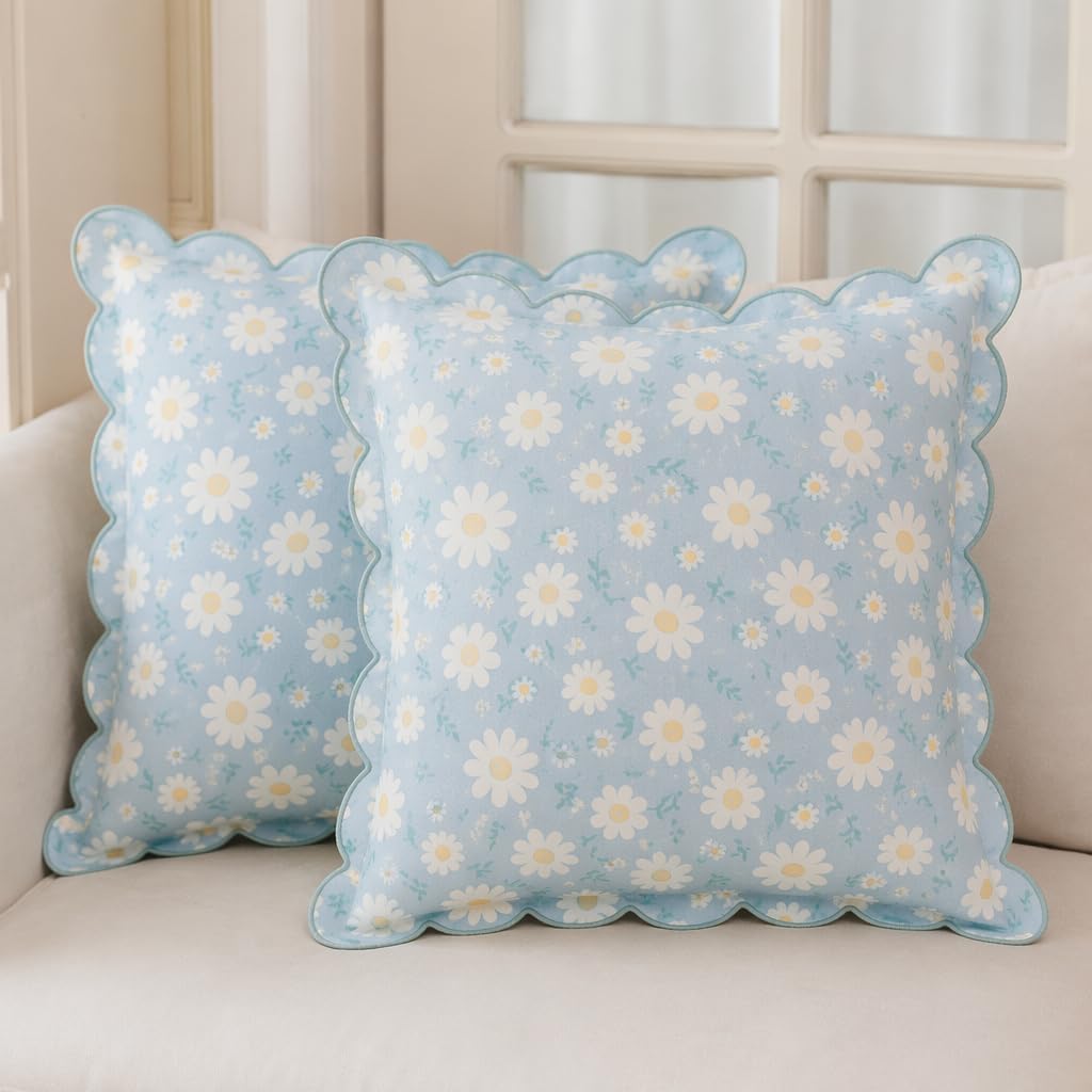Scalloped Throw Pillow Covers Set of 2 18x18 Inch, Decorative Printed Cushion Cases with Zipper, Blue Flowers Pattern, Farmhouse & Cabin Decor for Sofa, Living Room, Family Bedroom