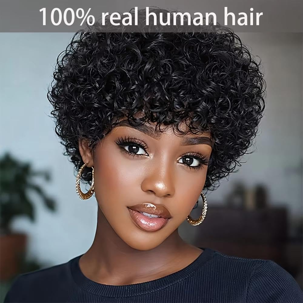 Accesorios Pelucas Peluca Cabello Humano Corte Rizado Y Rizado Negro Corto Para Mujer Con Flequillo Densidad Del 180% Hecha A Máquina Completa