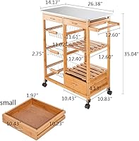 Vista 2 de Carrito de isla de cocina con cestas, isla de cocina rodante sobre ruedas con almacenamiento, carrito de cocina con cajón, marrón