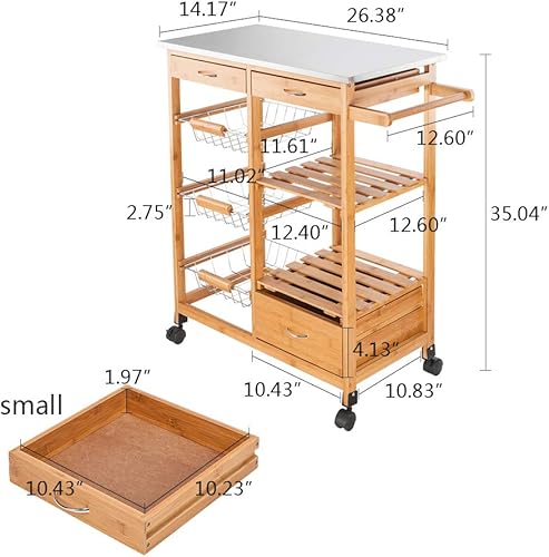 Miniatura 2 de Carrito de isla de cocina con cestas, isla de cocina rodante sobre ruedas con almacenamiento, carrito de cocina con cajón, marrón