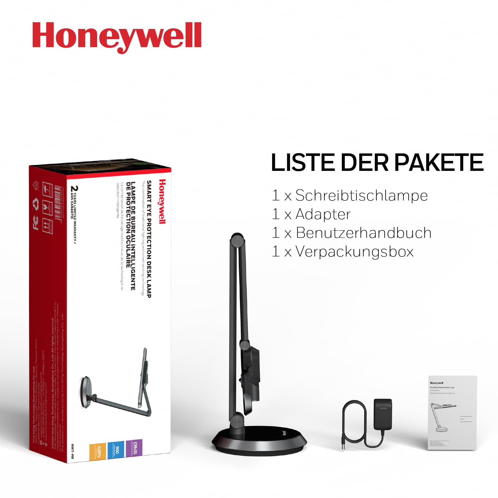 Honeywell LED-Tischleuchte H9 Sunturalux dimmbar mit Bewegungsmelder | 1000LM, CRI≥91, 2700K-5000K, augenschonend, RG0 geringes Blaulicht, stufenlose Dimmung, Leuchte für Schreibtisch
