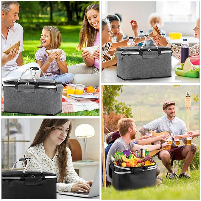 Einkaufskorb Faltbar 18L, große Isolierkorb Picknickkorb, Thermo Einkaufskorb, mit Deckel, Reißverschluss und Tragegriffen, für Camping, Strand, Picknick, Grau