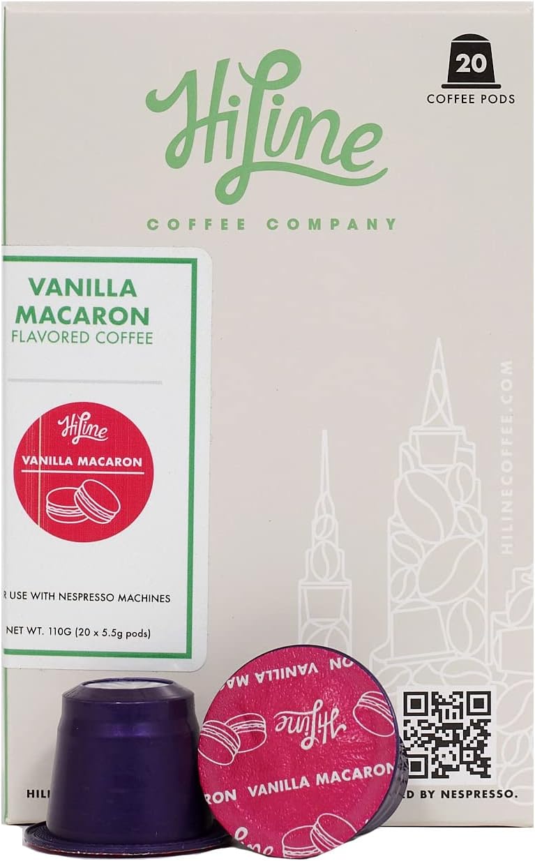 HiLine Espresso Coffee Pods, Vanilla Macaron Flavored Coffee, 20 Count (Pack of 1), Single Cup Espresso Capsules, Compatible with Nespresso Original Brewers
