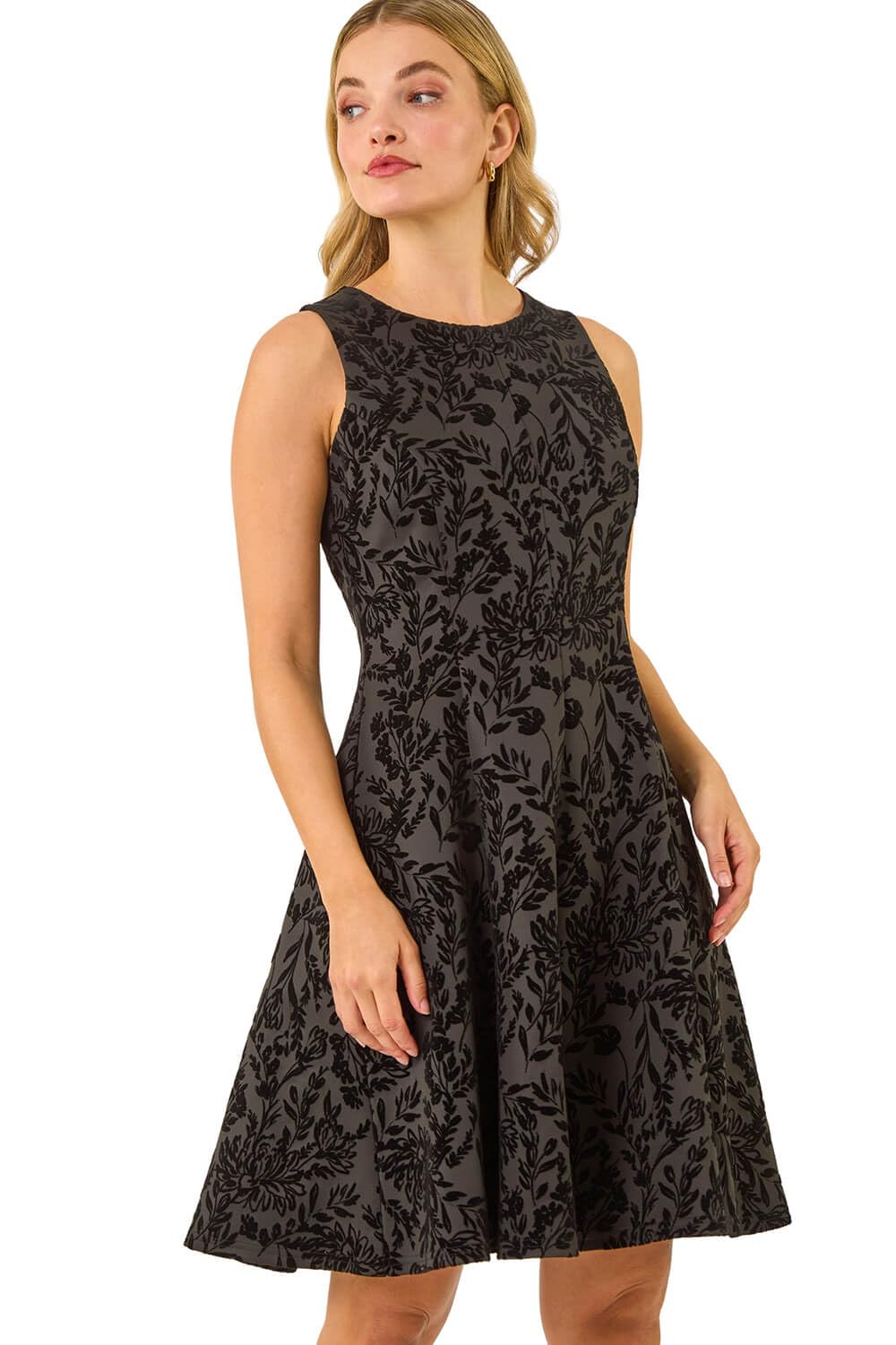 Roman Dusk Flocked Dress for Women UK Ladies Knee Length Skater Swing A-Line Fit & Flare Tea Stretchy Smart Formal Event Cocktail Party Evening Going Out Elegant Flatttering - Black - Size 10
