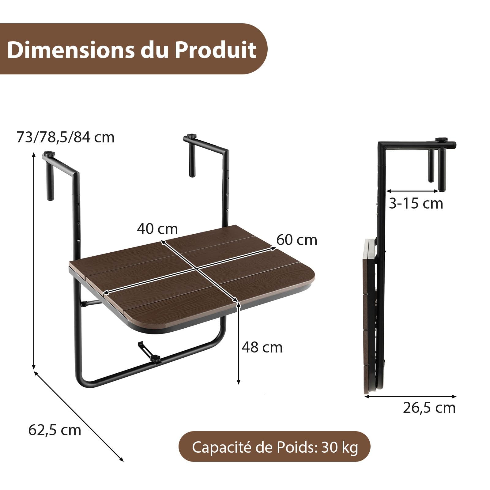 GOPLUS Table de Balcon Suspendue Pliable, Réglable Hauteur, Résistante aux Intempéries, Table Suspendue de Balcon jusqu'à 30 kg, 60×62,5×84 cm (Café)
