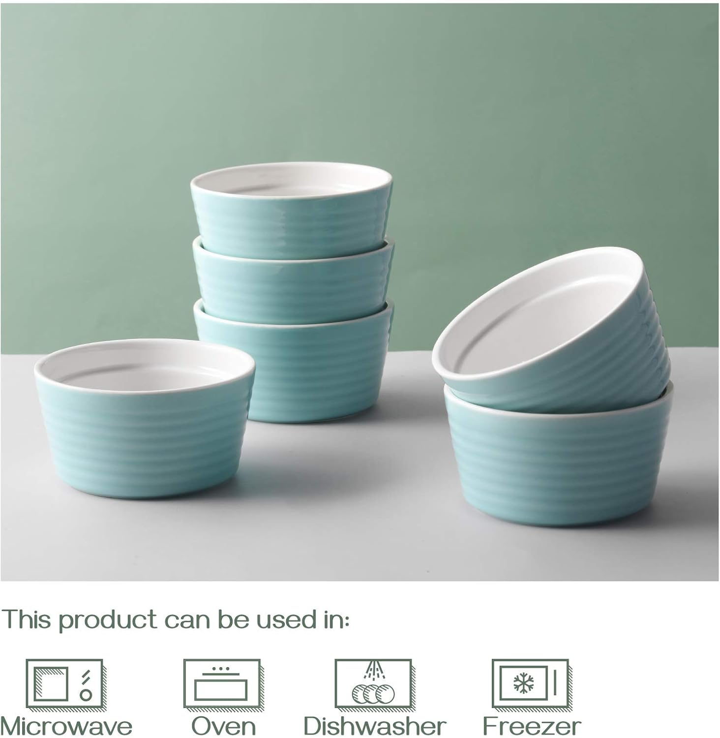 DOWAN Ramekins 6 oz Oven Safe, Porcelain Ramekins Souffle Dish, Creme Brulee Ramekins, Ramekins for Baking, Stackable Ramekin for Pudding, Spinach Souflees, Set of 6, Turquoise