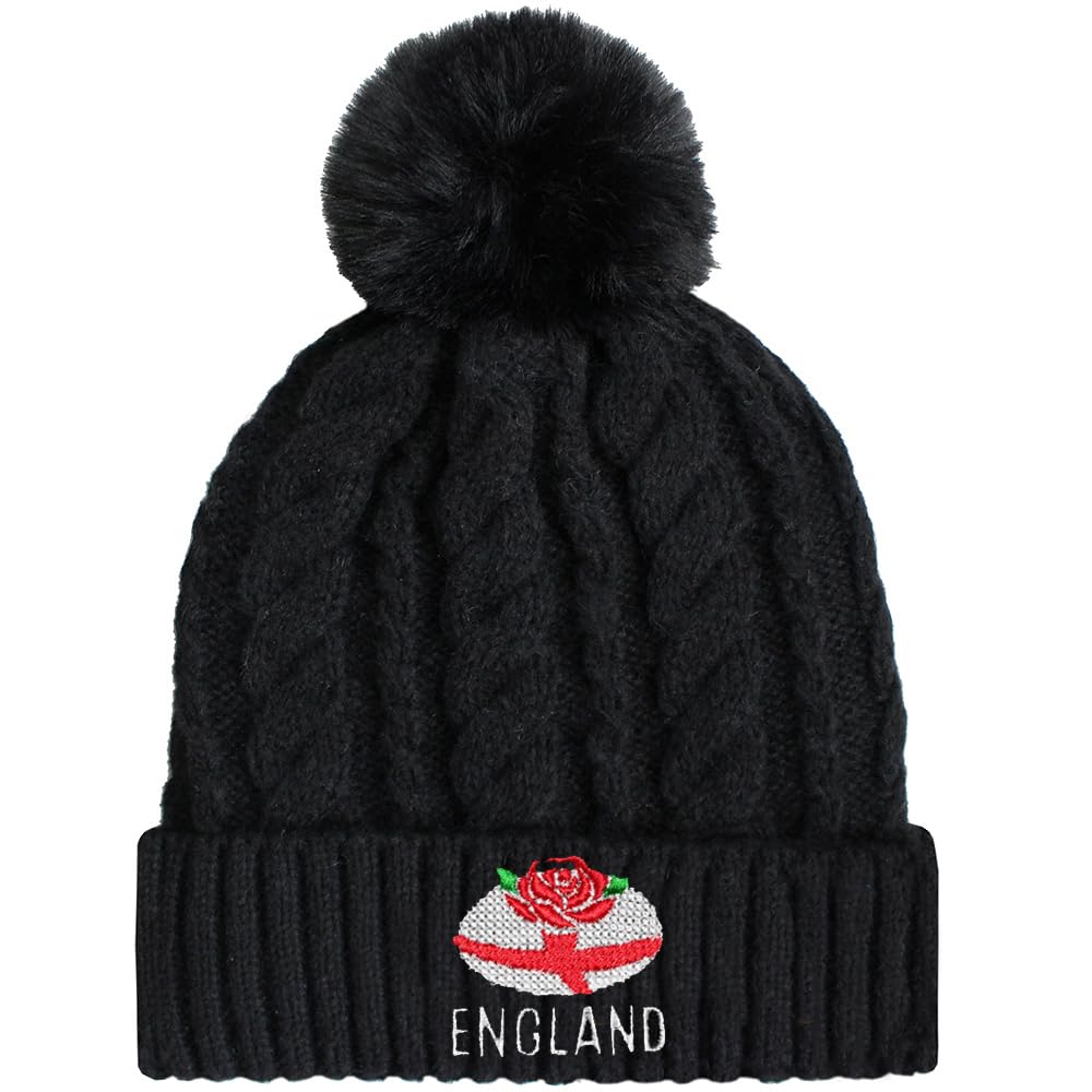 Teddyt's Men's Black England Embroidered Rugby Ball Knitted Bobble Hat