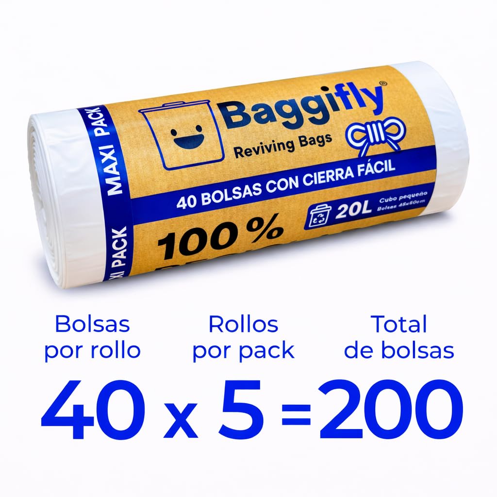 Baggifly, Bolsas de Basura 20L, 200 Bolsas Resistentes, 100% Recicladas, Cierre Fácil, ECO Friendly, Ideal para oficinas, clínicas, hoteles, baños, Maxi Pack 5 x 40, Fabricado en España, Blanco
