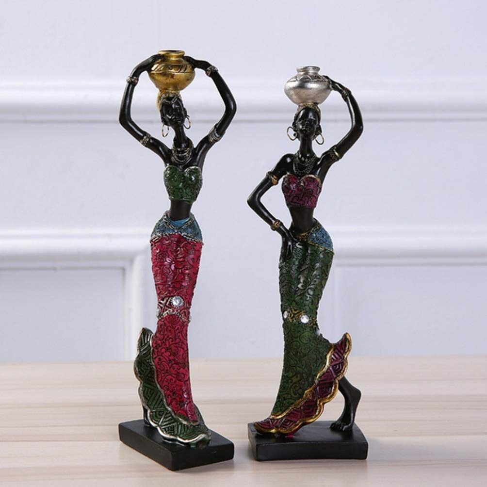 WINOMO 2 Stück Afrikanische Dame Skulptur Stammes Dame Figur Statuen Harz Handwerk Sammlung Statue Vintage Desktop-Ornamente