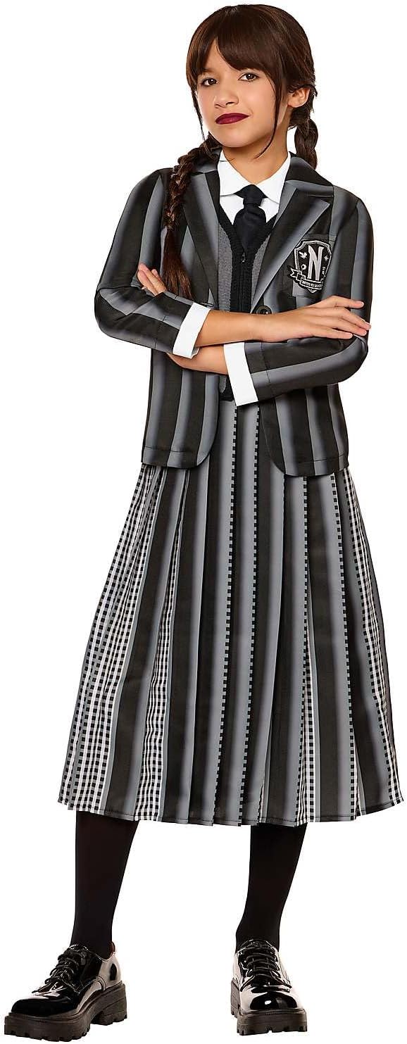 Spirit Halloween Wednesday Kids Nevermore Academy Uniform Costume, Officially Licensed, Striped Dress and Blazer Jacket
