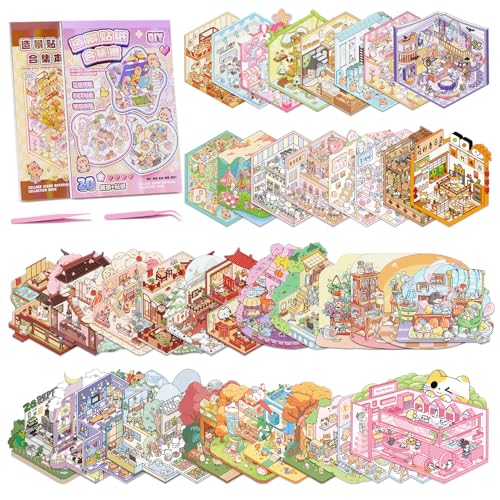 KIPEREE 40 Sets DIY 3D Scene Sticker Book 2 Books Bundle with 40 Miniature Worlds Reusable Sticker Scene Kit with Tweezers for Kids and Adults Stress Relief Creative Stickers (40 Sets)