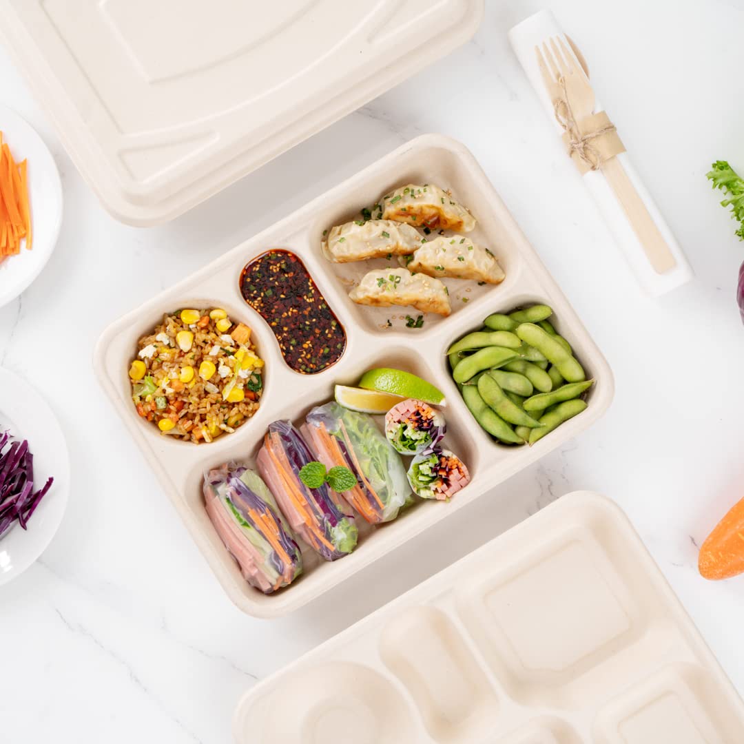 Restaurantware Pulp Tek - Recipientes de 1,219.0 g para llevar, 100 recipientes sostenibles, tapas se venden por separado, 5 compartimentos, platos de bagazo hechos de fibras de caña de azúcar, aptos