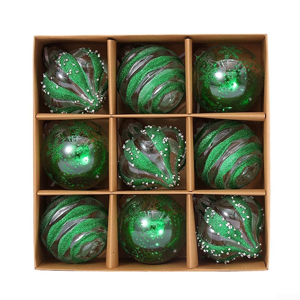 9 Bolas Decorativas navideñas, Adornos de Cristal Colgantes de 8 cm, Adornos Transparentes con Purpurina, decoración para Fiestas navideñas y Festivales (Verde)