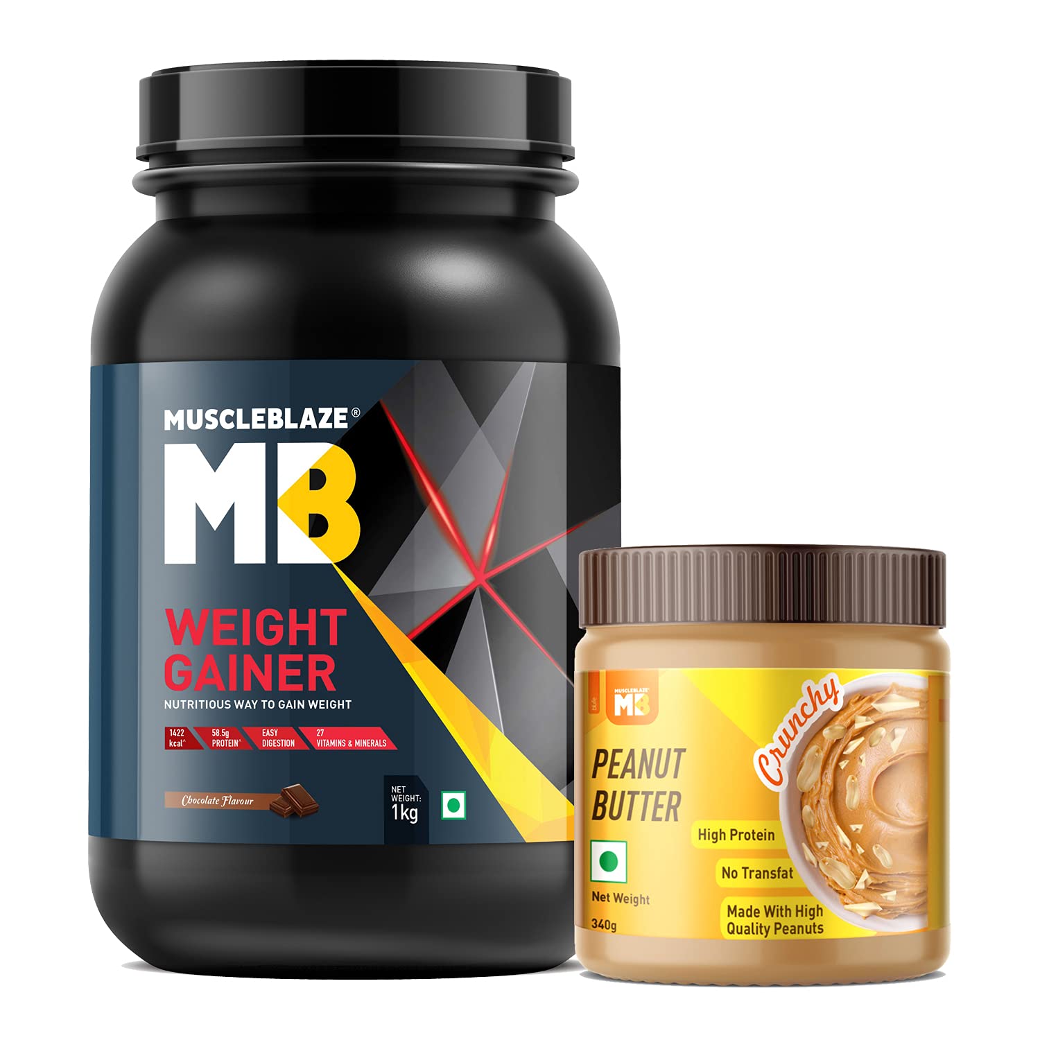 MuscleBlaze Weight Gainer with Added Digezyme, Chocolate, 1 kg / 2.2 lb, 10 Servings with Classic Peanut Butter, Crunchy, 340 g (Combo Pack)