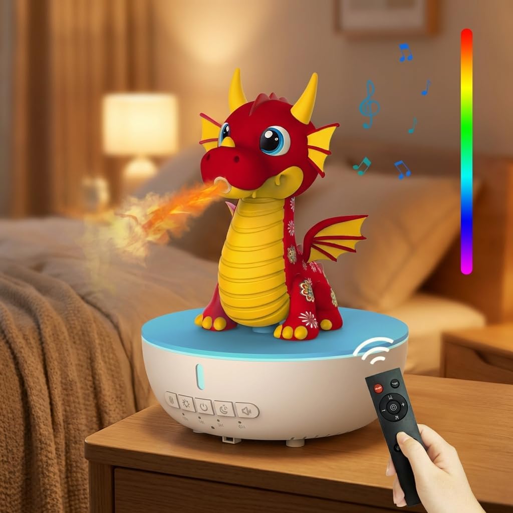 Cute Humidifiers Bedroom for Kids,Small Dragon Design Aromatherapy Diffuser Oil Machine,Essential Oil Diffuser with 10 White Noise Sounds & 1/3/6H Timer & 8 Color LED Lighting (red)