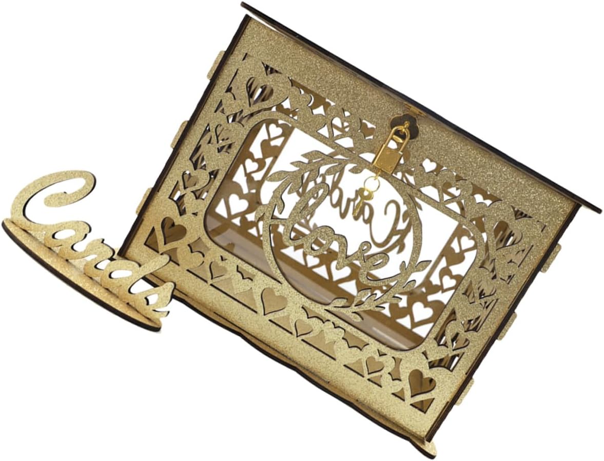 Hollow Wooden Card Box with Glitter for Wedding Reception, Square Wood Card Holder and Greeting Envelope Storage, Decorative Birthday and Valentine’s Day Collecting Box