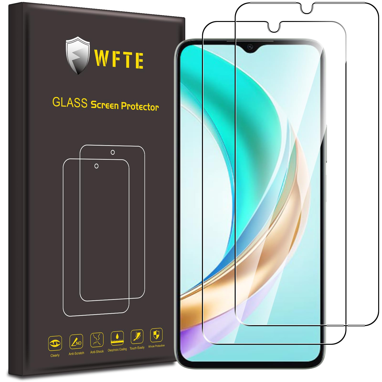 WFTE 2-Pack Tempered Glass for HONOR X6b Screen Protector,9H Hardness,Anti-Scratch,Anti-Fingerprint,Bubble-Free,HD Clear,Dust-Free Premium Protective Film for HONOR X6b 5G,Case Friendly