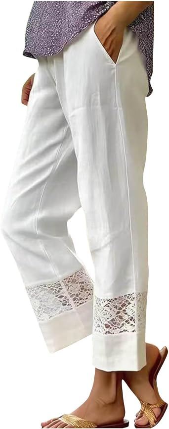 Summer Outfits Flowy Linen Palazzo Pants for Women High Waisted Lace Patchwork Beach Vacation Pants Trousers