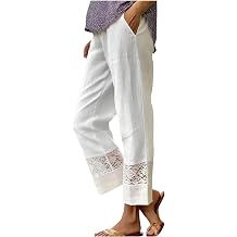 Summer Outfits Flowy Linen Palazzo Pants for Women High Waisted Lace Patchwork Beach Vacation Pants Trousers