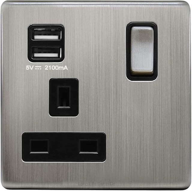 1 Gang USB Switch Socket 13A Twin Port Brushed Chrome Single Plug Wall Outlet N501DME