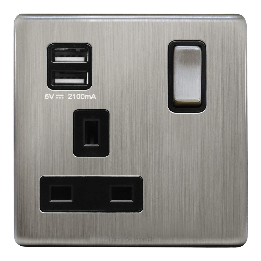 1 Gang USB Switch Socket 13A Twin Port Brushed Chrome Single Plug Wall Outlet N501DME
