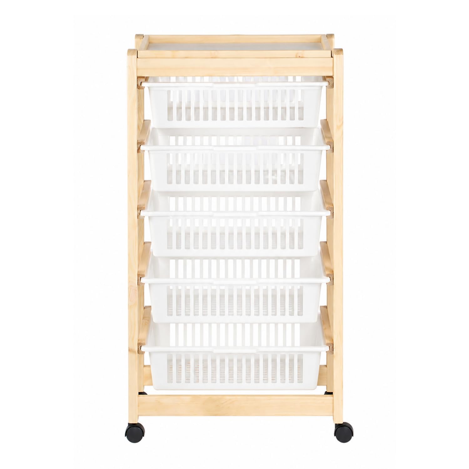 Paluplus Carrello per verdure a 5 ripiani in Legno Naturale, misura 45x30x85,5 cm, 5 Cestelli in Plastica con Vassoio Portaoggetti e 4 Ruote girevoli, Scaffale da cucina per frutta e verdura -6015F -4