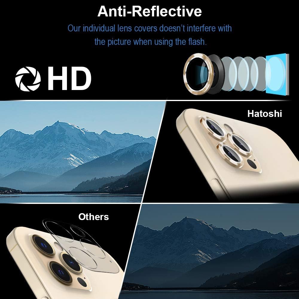 HATOSHI Camera Lens Protector Compatible with iPhone 12 Pro Max, HD Clear Premium 9H Tempered Glass Metal Aluminum Alloy Camera Screen Ring Circle Cover Film - Gold