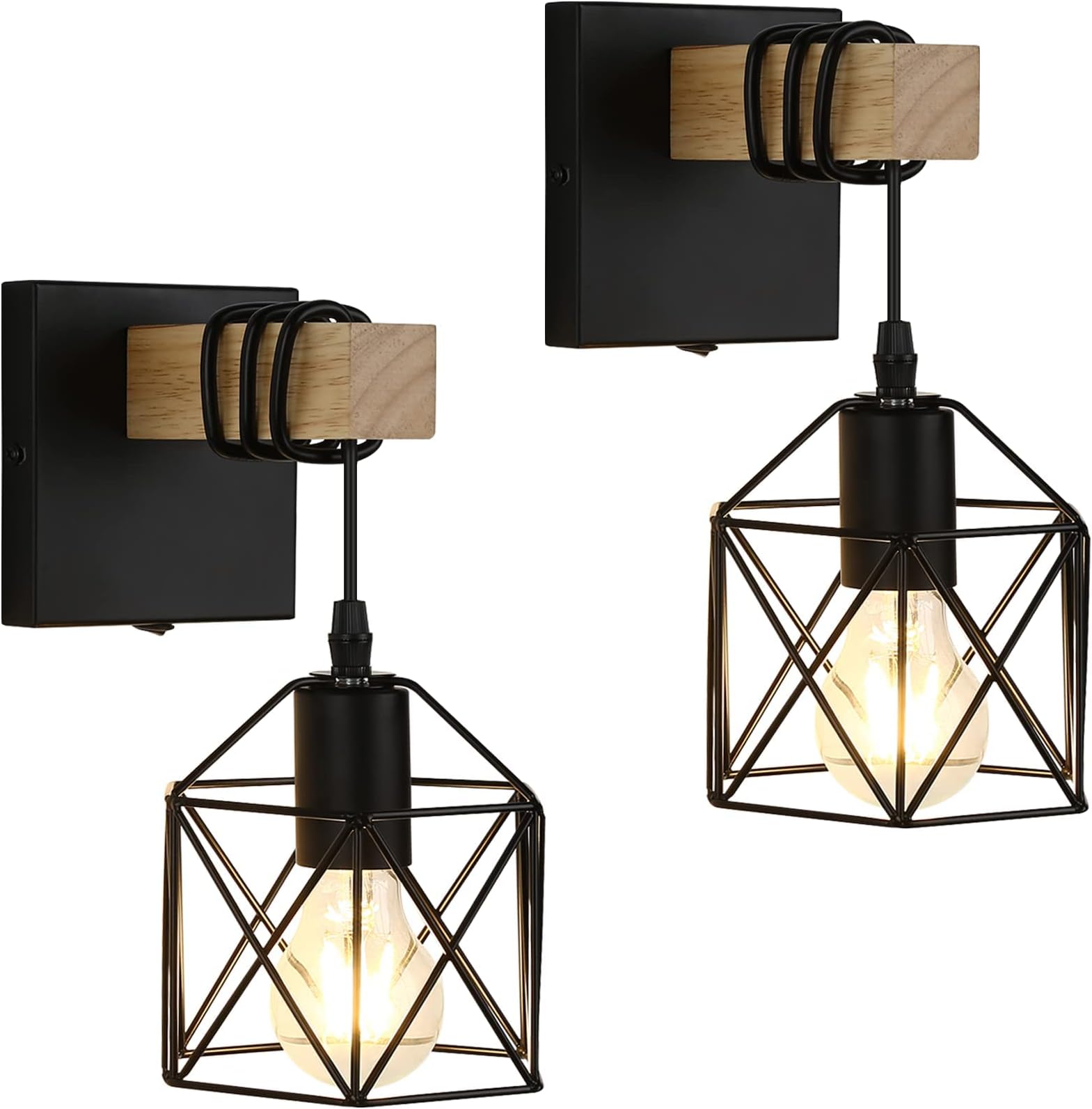Black Wall Sconce with ON/Off Switch Pack of 2, Dimmable Cage Wall Mount Light Fixture Industrial Farmhouse Lighting, LG9939389