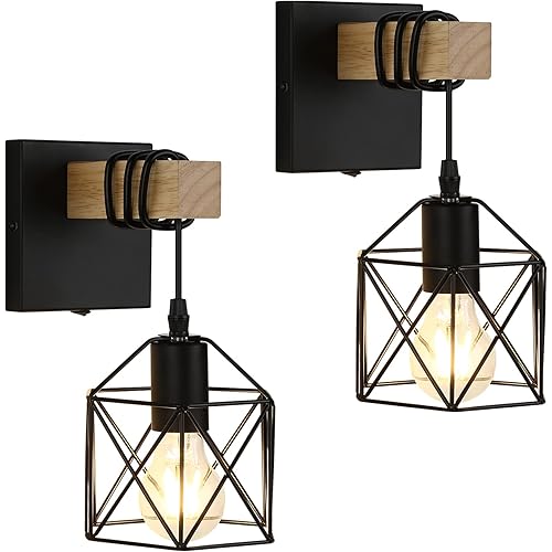 Black Wall Sconce with ON/Off Switch Pack of 2, Dimmable Cage Wall Mount Light Fixture Industrial Farmhouse Lighting, LG9939389