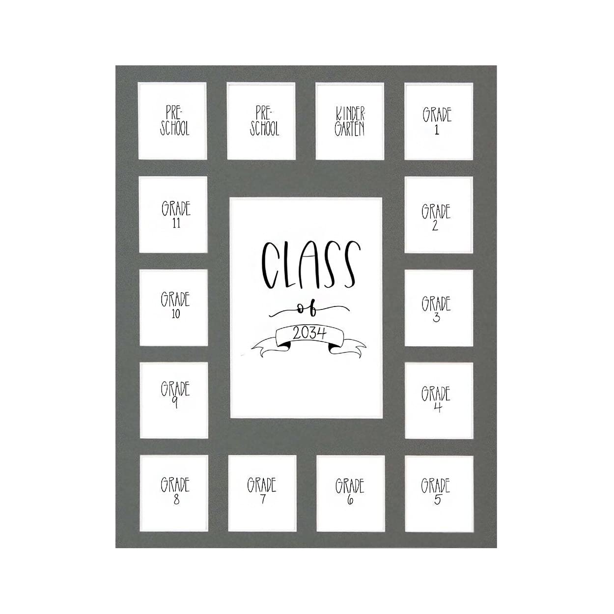 Rustic Red Door Co. RRD Class of 2034 Photo Mat (11 x 14) - Photo Collage Picture Frames Mat for School Pictures School Picture Frame Pre-K to 12 Mat - No Frame Grey Photo Mat (15 Photos)
