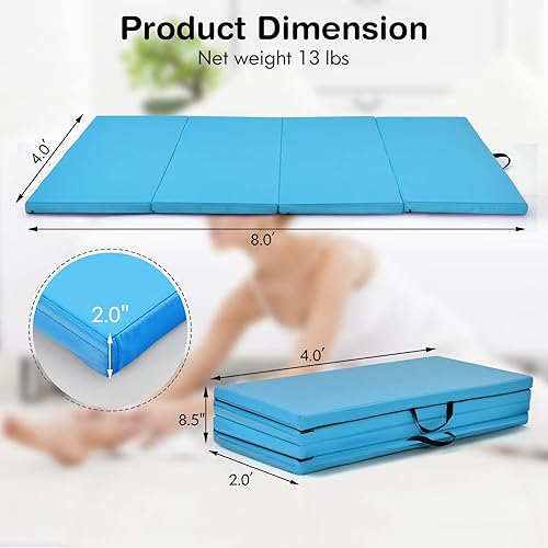 Miniatura 6 de GYMAX Colchoneta de gimnasia, 4 x 8 x 2 pulgadas, plegable, gruesa, con asas de transporte y costuras resistentes, cubierta de piel sintética
