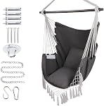 Hammock Chair Hanging Rope Swing Chair,Max 500 Lbs, Large Hanging Chair with Pocket, 2 Cushions, Removable Steel Bar, Hardware Kit Included, Superior Comfort for Indoor Outdoor (Dark Green)