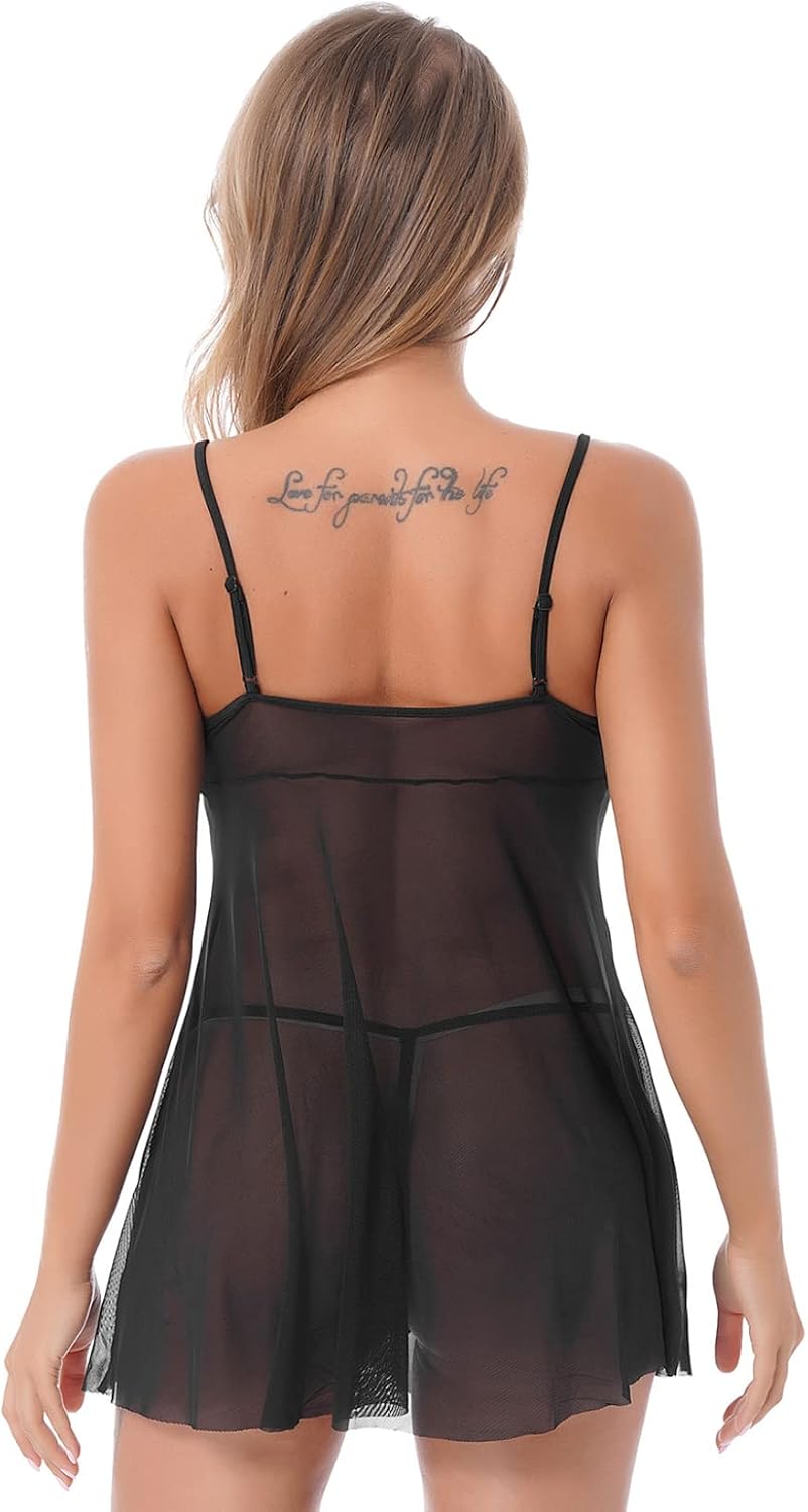 Mufeng Womens Sexy Chemise Nightgowns Mesh Sheer Open Cup Mini Dress Transparent Nightdress with G Strings