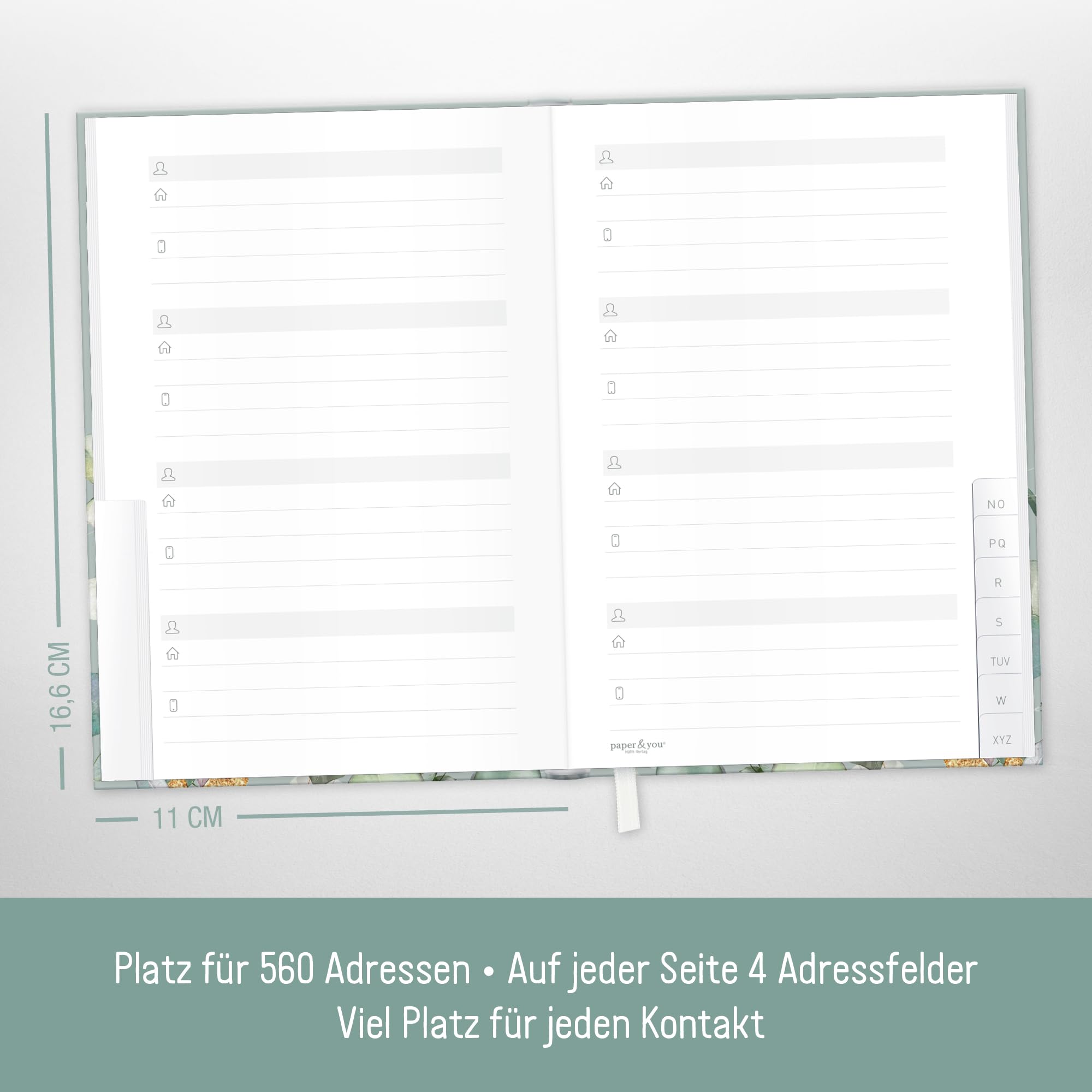 Paper&You® Address Book A6+ with A-Z Index and 120 g/m² Premium-Paper "Minty Leaves" for Contacts Birthdays & passwords - Image 3