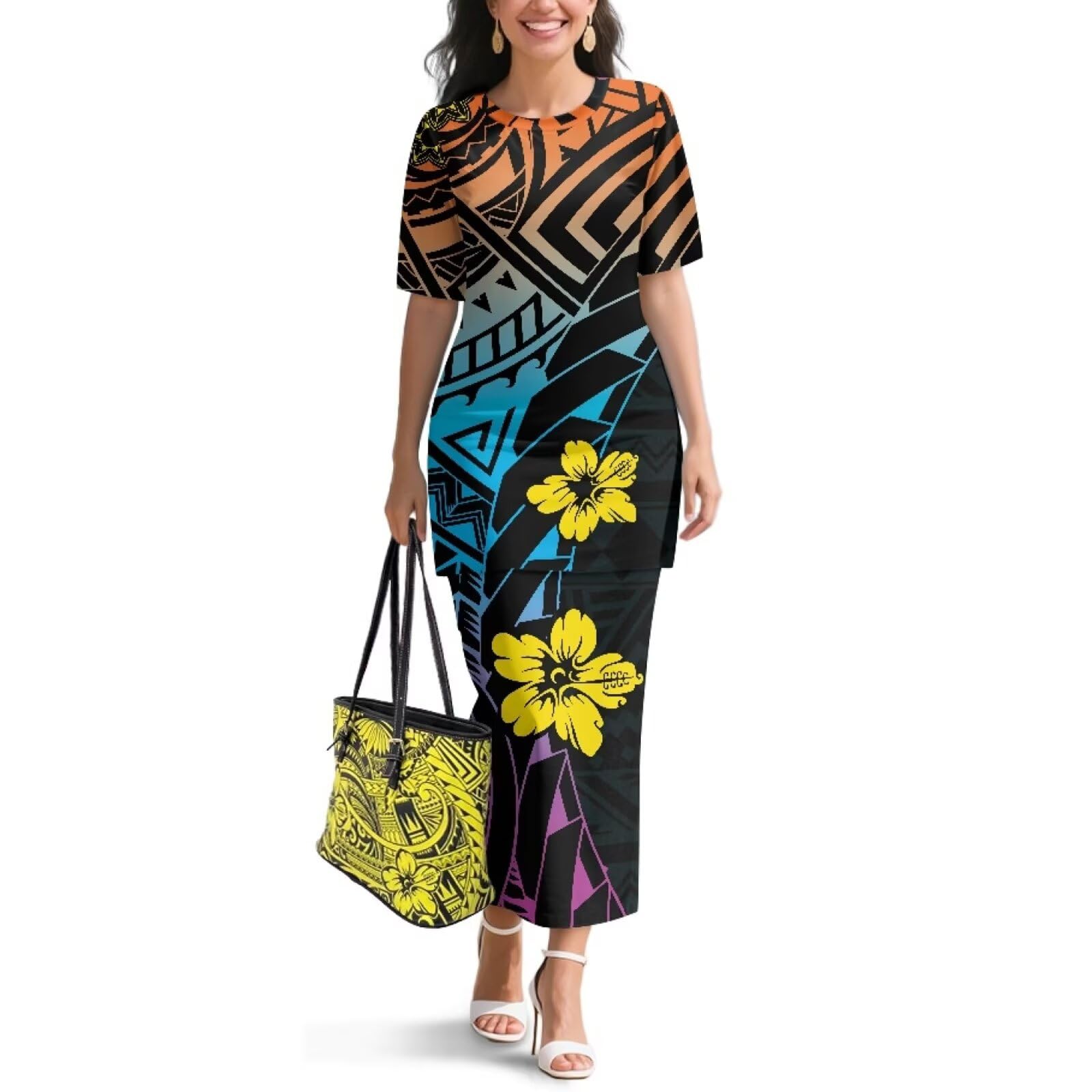 Samoa Puletasi Dress for Women Polynesian Top and Maxi Skirt Sets
