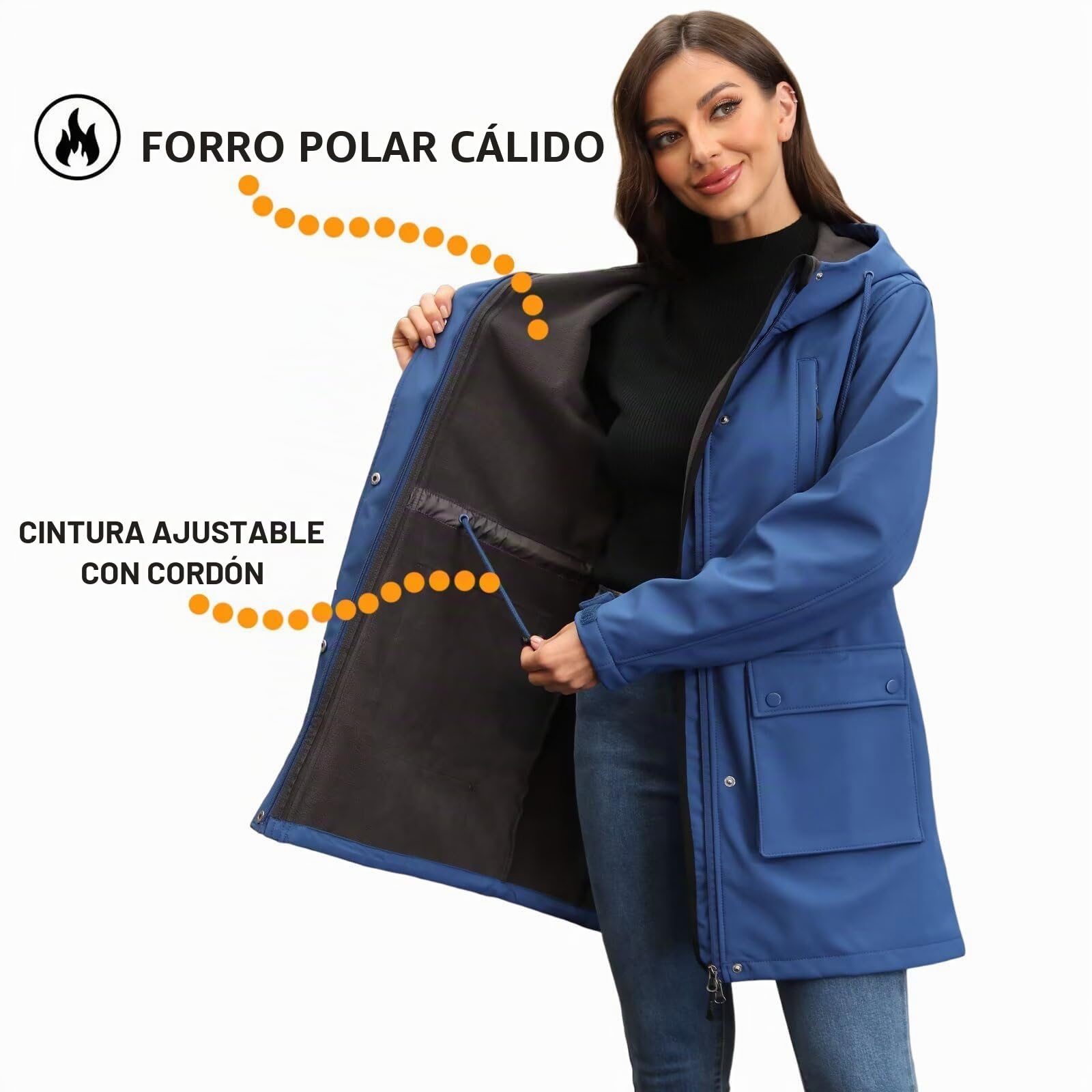 Chiguo Chaqueta impermeable ligera de invierno para mujer, abrigo cálido con forro polar, chaqueta larga de softshell