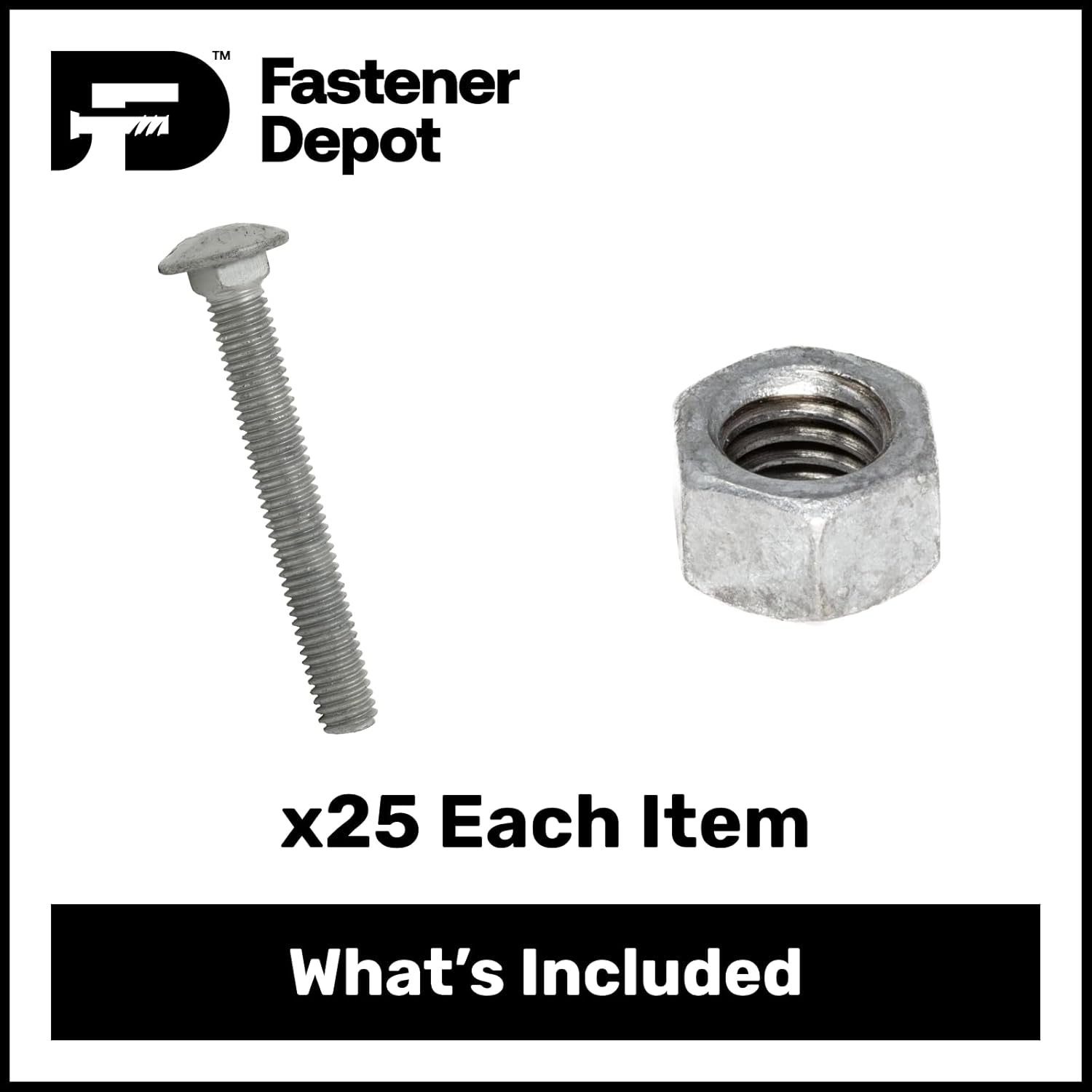 1/2"-13 x 7 (25 Pack) Galvanized Carriage Bolt Kit Grade 307A, Includes 1/2"-13 Hex Nuts (25 pcs), Hot Dip Galvanized for Exterior Use by Fastener Depot