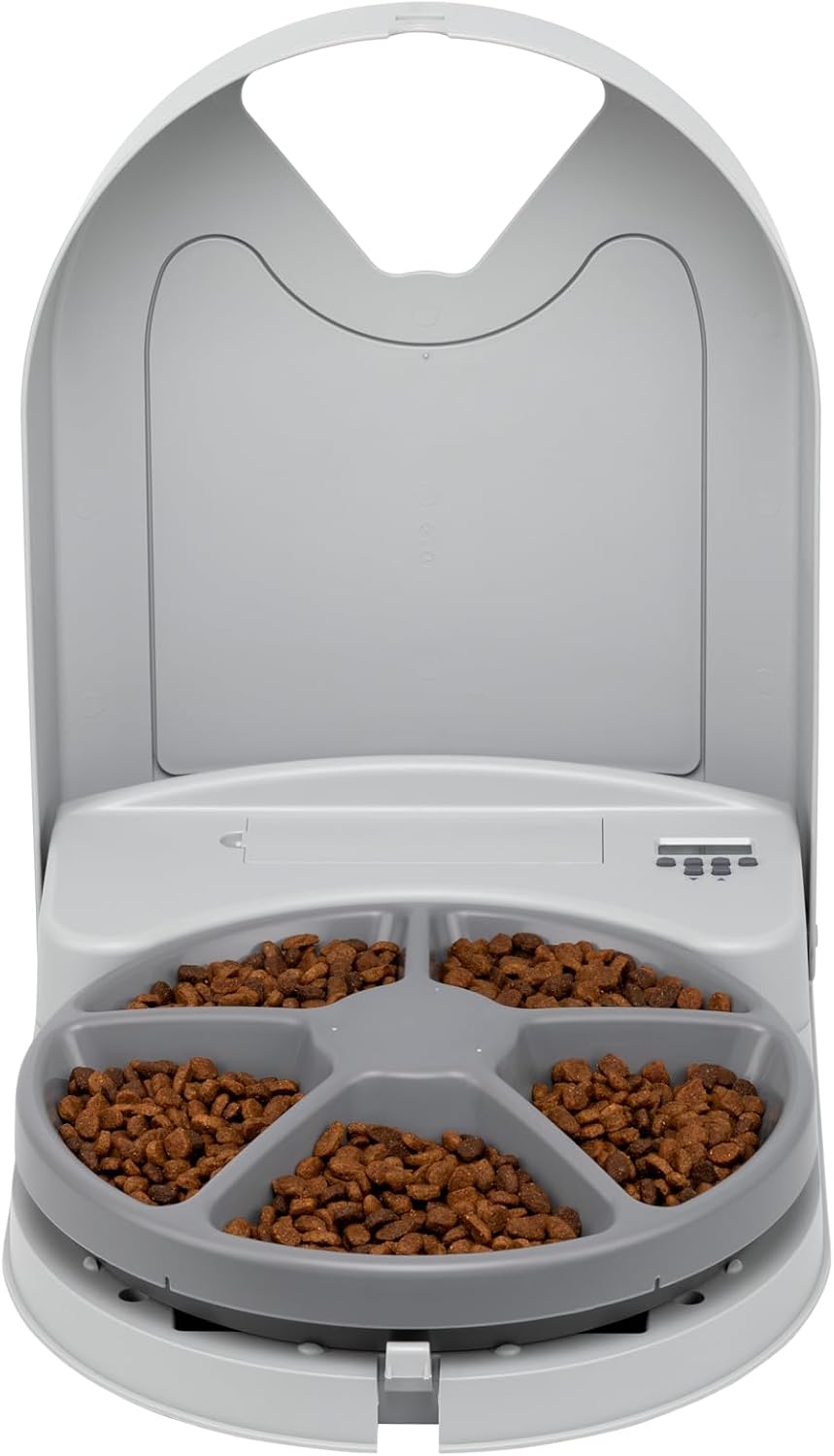 PetSafe Automatic Dog Feeder, 5 Meals, 40 oz Capacity, Plastic, for Dry Food, Multiple Pets | Schedules up to 5 Meals/Treats, Each Compartment Holds 1 Cup, Feed-Now Button, Dishwasher-Safe Tray