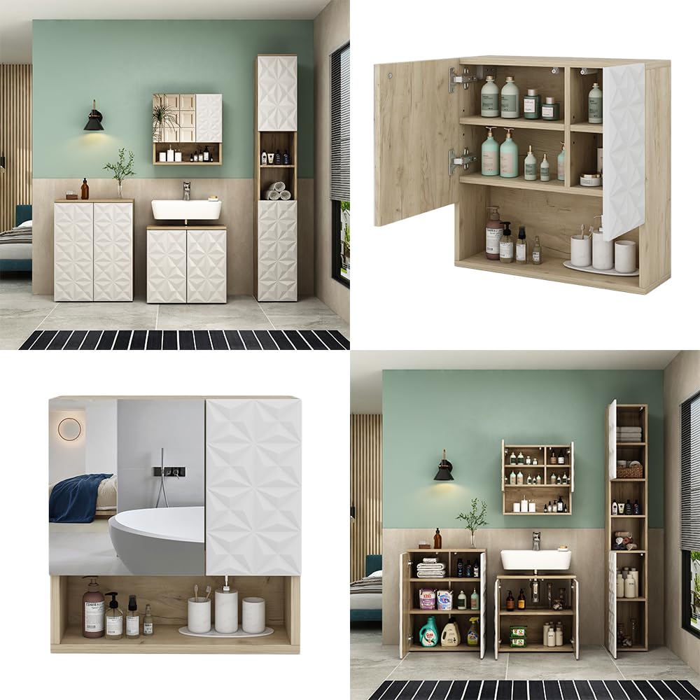 Vicco Armario con Espejo para baño Edge, Blanco, 54 x 55 cm con Puerta y Compartimentos Abiertos, para Almacenamiento en baño con Mecanismo Push-to-Open