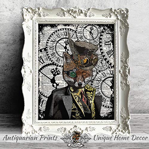 Steampunk Animals Wall art on Antique dictionary book pages. Set of 4 prints, Fox print, Rabbit print, owl print and Stag print steampunk buy now online