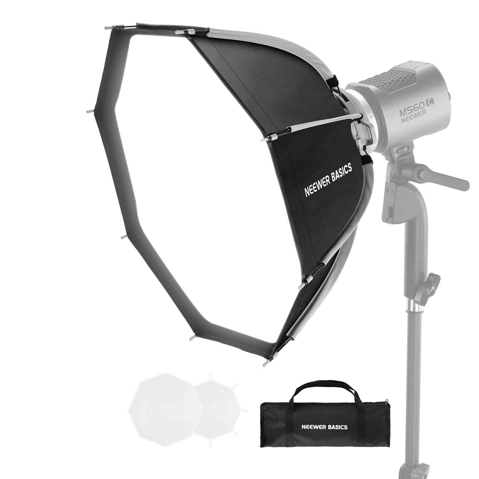 NEEWER BASICS 45.7 cm Octagon Softbox NEEWER Mount (nie Bowens Mount), przenośny zestaw paraboliczny Octabox Soft Box z dyfuzorami/siatką do oświetlenia LED MS do fotografii studyjnej, nagrywania
