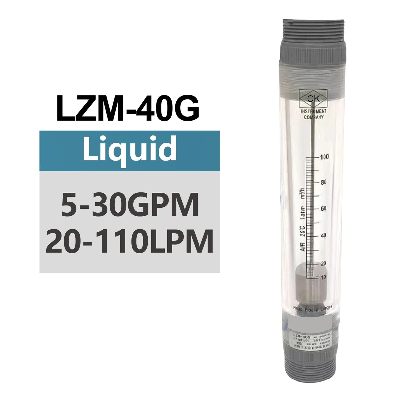 Caudalímetro Caudalímetro LZM-40G DN40 de PVC, rotámetro Transparente en línea de área Variable for Agua y líquidos.(Liquid-5-30GPM)