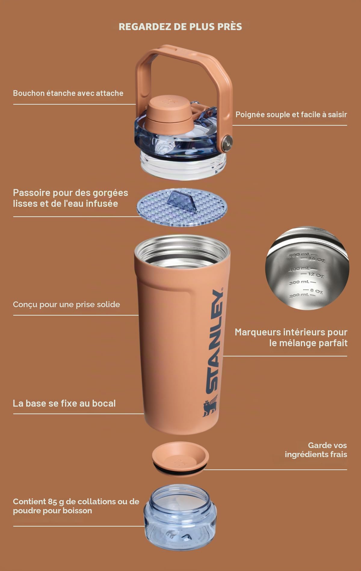 Stanley Activate Shaker - Bouteille shaker en acier inoxydable étanche et isolée - Compartiment de rangement sur le fond et couvercle pivotant - Pour smoothies protéinés et poudre pré-entraînement